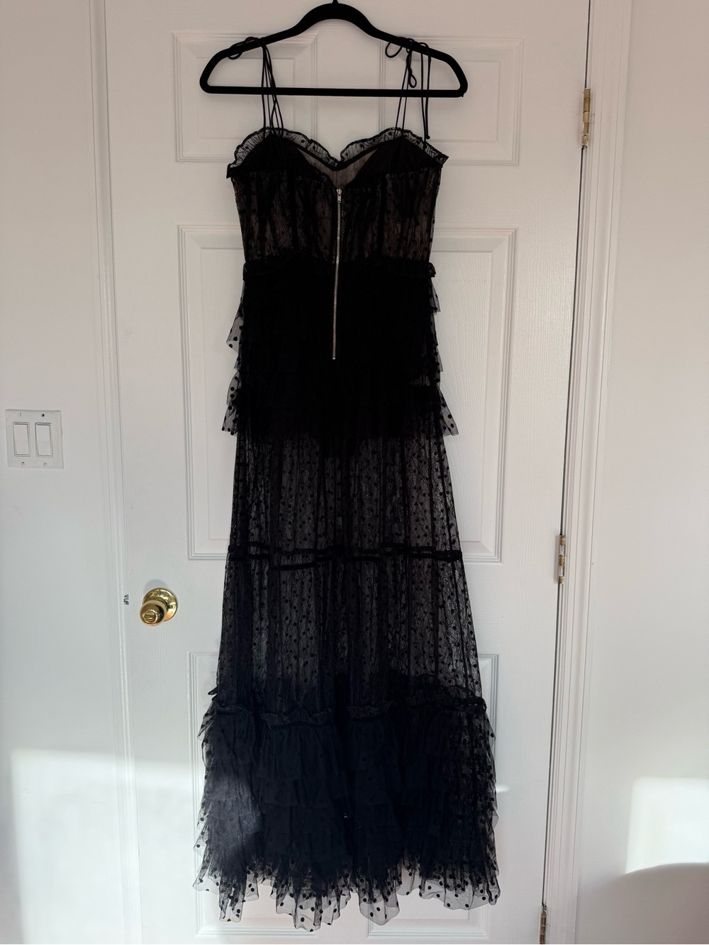 For Love & Lemons Black Sheer Polka-Dot Tiered Maxi Dress - Picture 4 of 9